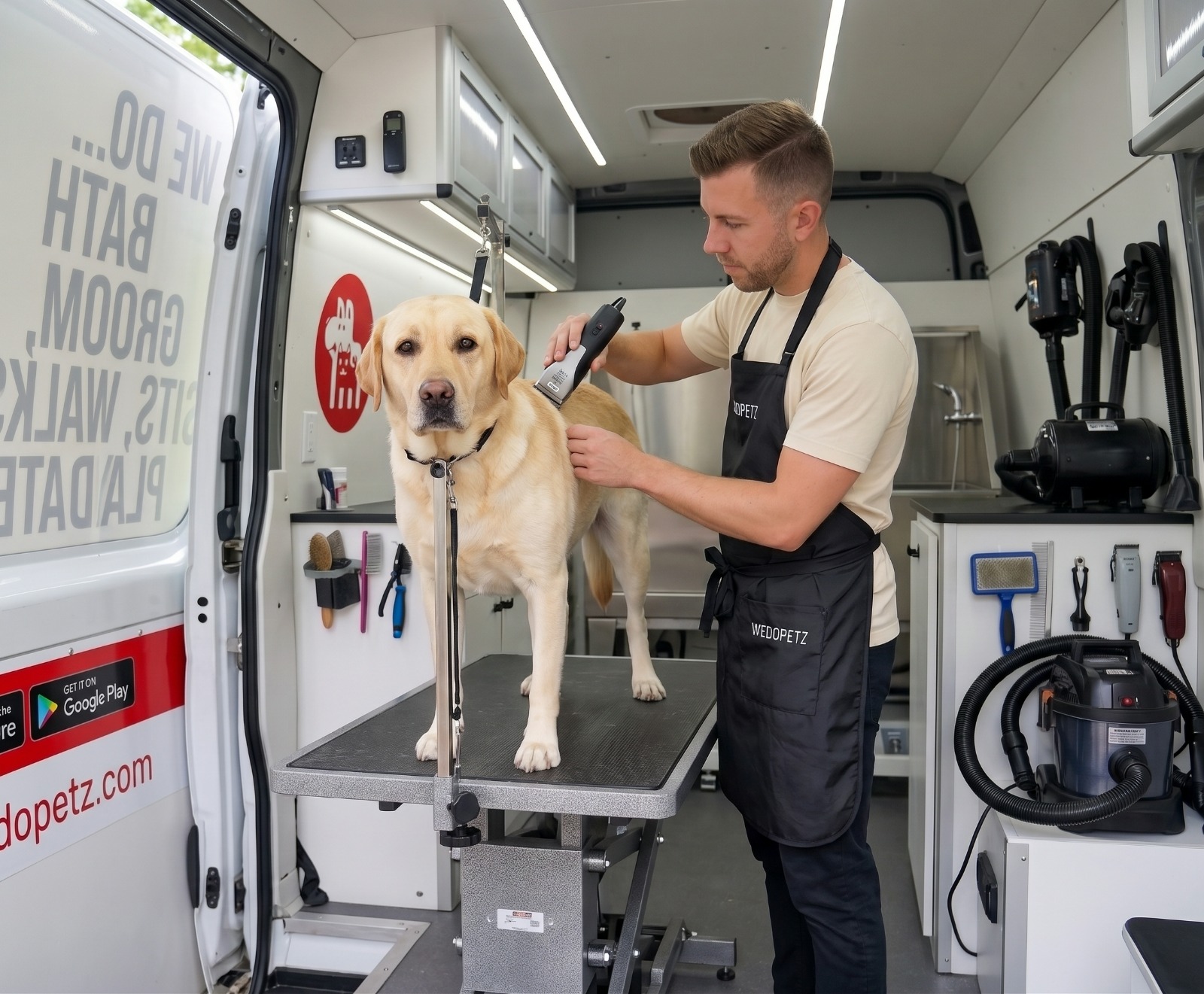 WeDoPetz groomer trimming a dog inside the fully equipped mobile van