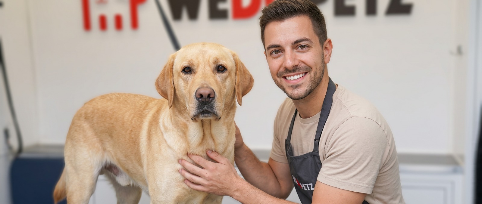 A groomer smiling with a dog after a grooming appointment