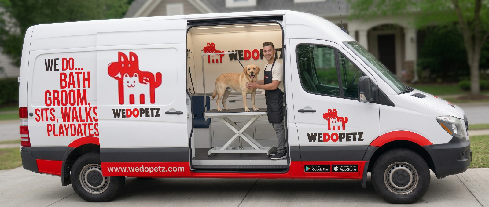 WeDoPetz mobile grooming van parked at a customer's driveway